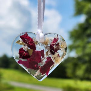 Dried Flower Flowers Memorial SMALL Heart Clear Resin Ornament Wedding Bridal Bouquet Funeral Baby Pageant Vacation Keepsake