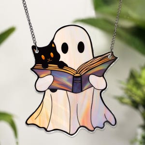 ACRYLIC Cute Ghost Reading book, Ghost Monstera Window Hanging Ghost Window Hangings Book Lovers Gift, Gift For Bookish NOT GLASS