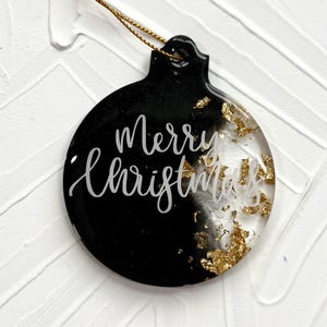 Handcrafted Snowflake Ornament, Merry Christmas Black and Gold Leaf and Gold Rope Resin Ornament, Christmas Tree Decor